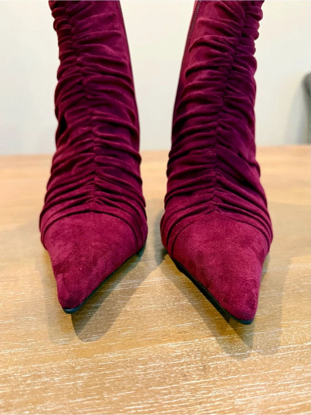 NWOB Jeffrey Campbell Let’s-Go Rouched Stiletto Ankle   Boot Wine Suede Sz 8.5